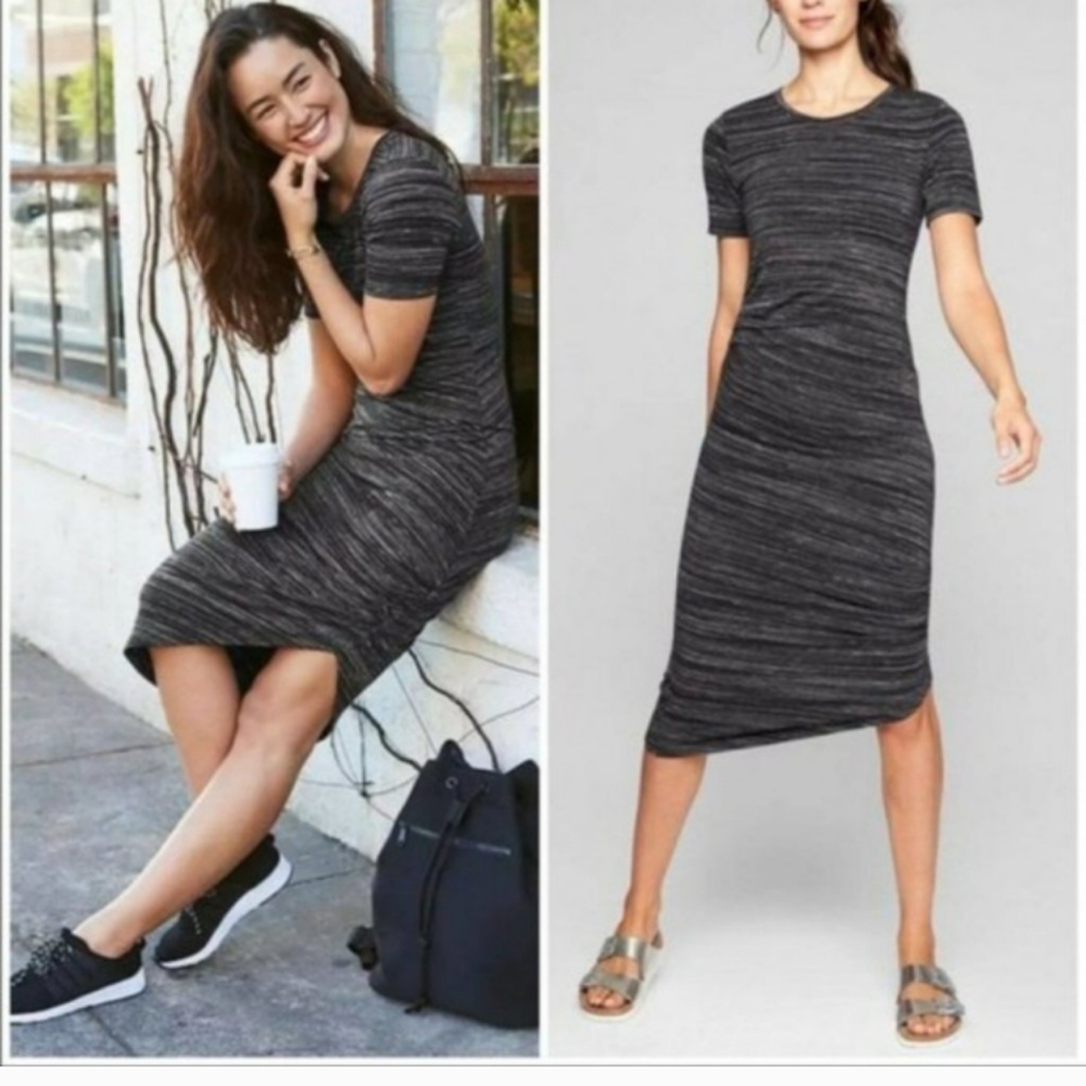 NWT ATHLETA Black and White Striped Downtown Midi Dress